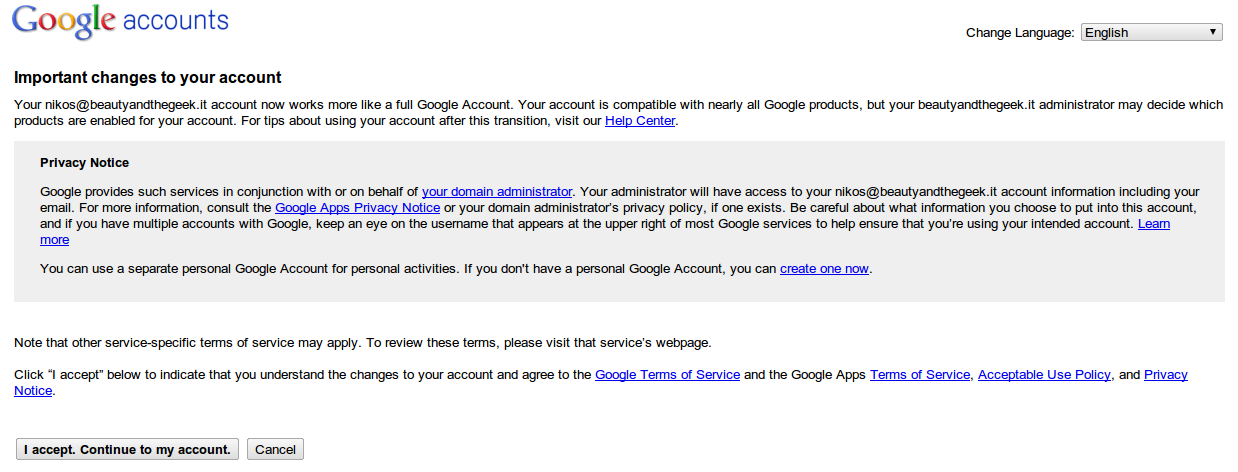 User Login message for Account Merge